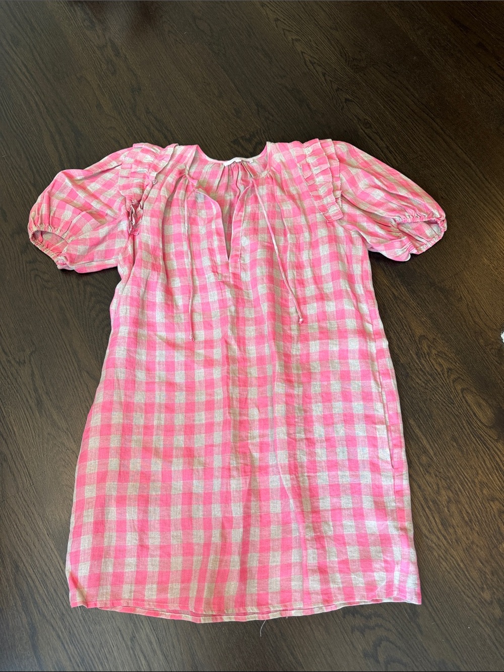 Olivaceous Pink Gingham Puff Sleeve linen dress